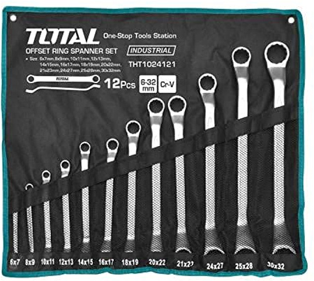 Total Tools - Sac avec 12 clés fixes décalées | Clés doubles | Mesures de 6 à 32 mm | Pour serrer ou desserrer les écrous et les vis à tête hexagonale | Fabriqué en Chrome Vanadium