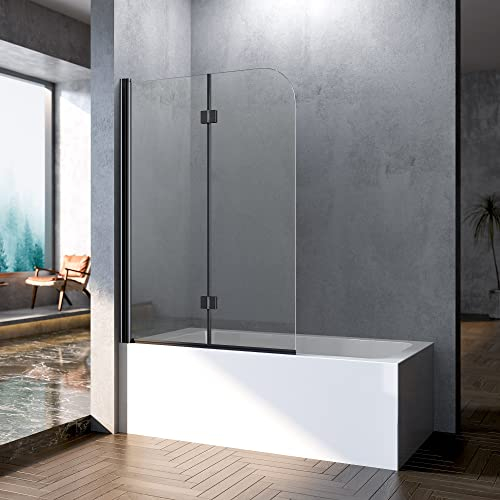 Duschwand für badewanne, 100x140cm 2-teilig Faltwand für Badewanne, Glas Duschwand Badewannenaufsatz Duschtrennwand Duschabtrennung mit 6mm Nano Glas, Matt Schwarz