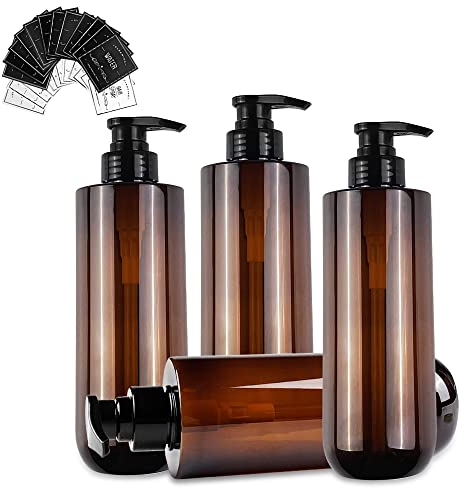 Gvolatee 4set bottiglie vuote con pompa a pressione, 500 ml, ricaricabili, dispenser di sapone liquido in plastica, contenitore ricaricabile per, oli essenziali, lozioni con adesivi Marrone