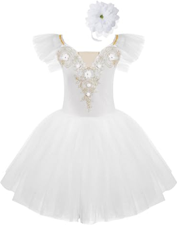 Freebily Vestito Tutu da Balletto per Ballo Bambina Ragazza Vestito da Danza Classica Ballerina Body da Pattinaggio Artistico + Copricapo Abito da Ballo Latino Ginnastica Bianco 11-12 Anni