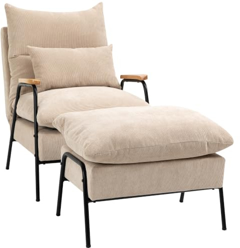 HOMCOM Sillón de Relax con Reposapiés Sillón Reclinable 68x91,5x88 cm Beige | Respaldo Ajustable, Tapizado en Pana, Marco de Acero, Cojines, para Salón