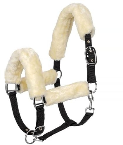 Start Pferdehalfter mit Kunstfell – Verstellbares Halfter + Führstrick mit Karabiner – Cob, Vollblut & Pony – Weiches Fell für höchsten Komfort (Schwarz, Full (Warmblut))