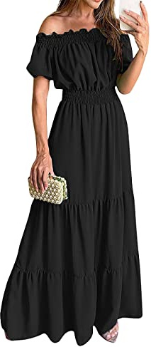 FeiBeauty Sommerkleid Damen Kleid Damen elegant leinenkleid Sommer Schulterfrei RüSchen Einfarbig Kurzarm Bodenlang Kleid Sexy Hohe Taille Lang Kleid Elegant A-Linie Tunika Kleid Boho cocktailkleid