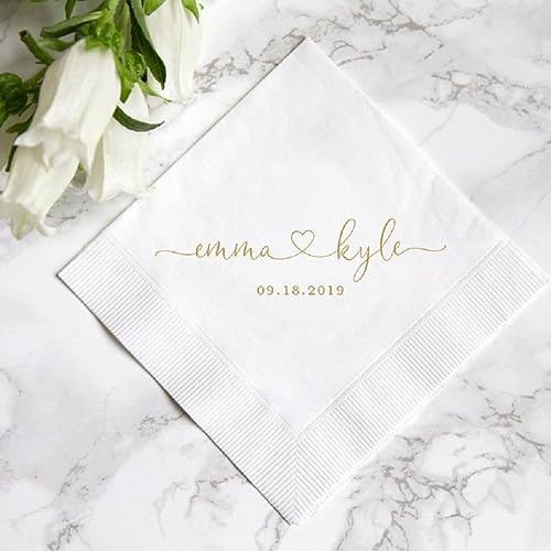 XEL 100 Stück personalisierte Hochzeitsservietten mit Namen, Cocktail-Servietten, Bar-Servietten - weiß, schwarz, rot, grün, türkis - Bambus-Zellstoff, 3-lagig, 16,5 x 16,5 cm, 12,2 x 12,2 cm