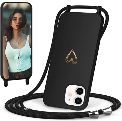 CaseLover Handyband kompatibel mit iPhone 11 Hülle mit Band, Schwarz | Herz Muster, Silikon Necklace Handyhülle mit Abnehmbar Kordel zum Umhängen, Stossfest Bumper Handy Schutzhülle Case 6.1