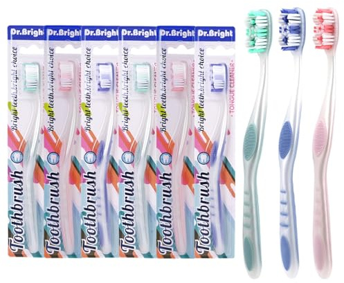 DR.BRIGHT Adult Toothbrushes Medium 6 Pack | Medium Toothbrush for Adults with Tongue Scraper & Ergonomic Handle | Individual Packaging Travel Toothbrush BPA-Free, Assorted Colors