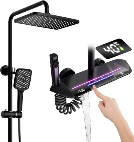 Colonne de Douche Thermostatique Mitigeur en Laiton Systeme de Douche Affichage Numérique LED Ensemble de Douche Pommeau De Douche, Douchette, Bidet Douche, Robinet De Baignoire, Mural (Black)
