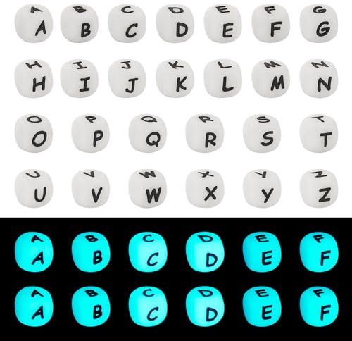Beadthoven Leuchtende Silikon-Buchstabenperlen, 12 x 12 mm, quadratisch, Alphabet A ~ Z, leuchtet im Dunkeln, Silikonperlen für DIY-Armbänder, Halsketten, Schmuckherstellung, 2,5 mm Loch, 52 Stück