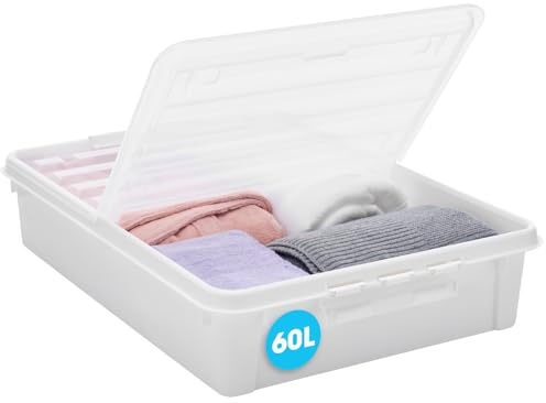 SmartStore Large Plastic Under Bed Storage Box with Lid and Wheels - 60L - Transparent Foldable Lid - Strong Clips - Recycled Plastic Clothes Storage Boxes - 10 Year Guarantee - L79 x W59 x H18.5 cm