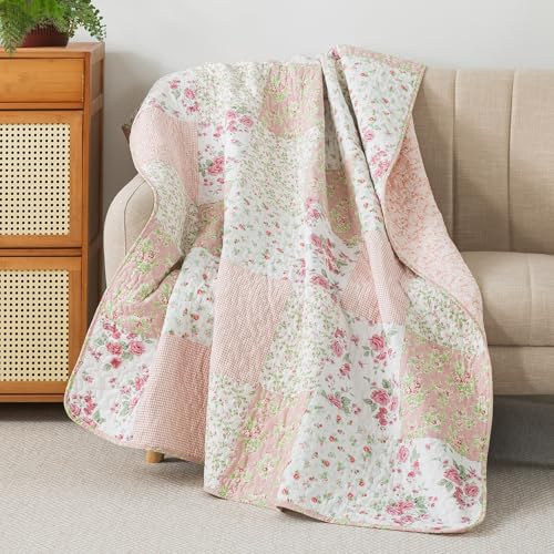 Soul & Lane Blush Bloom Quilted Throw Blanket - 50 x 60: 100% Cotton Floral Quilt in Blush and Pink, Roses Patchwork Lap Quilt