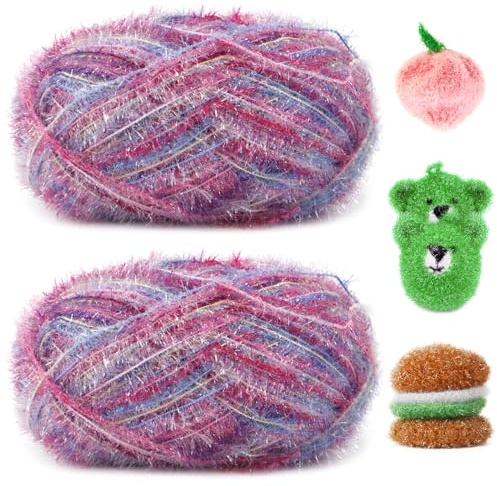Uiopa Schwammgarn, 200g(2 x 100g, 2 x 200m) Glitzer Crochet Yarn, Flauschige Schwammwolle Garn zum Häkeln Stricken Spültücher Badeschwämme Dekoration DIY Crafts