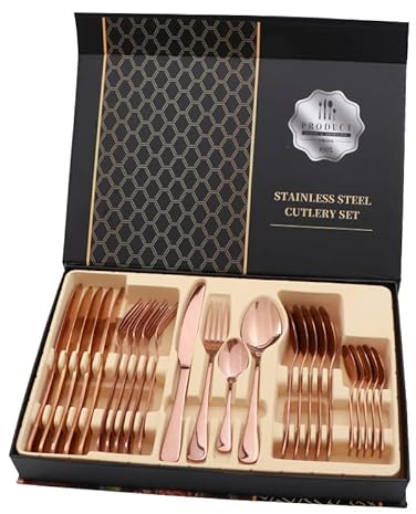 Juego de Cubiertos de Acero Inoxidable Brillante, 24 Piezas, Cuchillo para Carne, Tenedor, Cuchara, para Restaurante (Oro rosa)