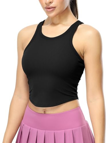 icyzone Damsporttopp med integrerad bh racerback yoga crop top ribbad fitness gym tanktoppar, svart, M