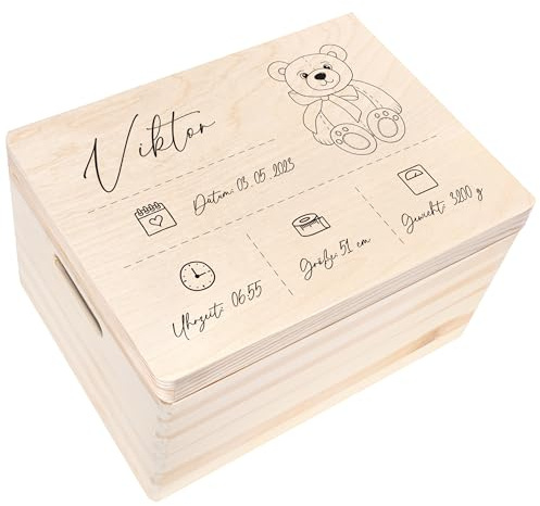 Creative Deco Erinnerungsbox Baby Personalisiert mit Namen | 40 x 30 x 24cm | Individuelle Erinnerungskiste Geschenk zur Geburt für Mädchen und Jungen | Holzkiste mit Deckel | Farbdruck