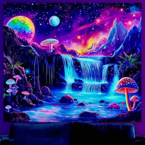 WEBEEDY UV Reactive Waterfall Tapestry Blacklight Galaxy Mushroom Landscape Tapestry Wall Hanging Aesthetic Glowing Tapestries for Bedroom Living Room Halloween Party Decor, 130x150cm