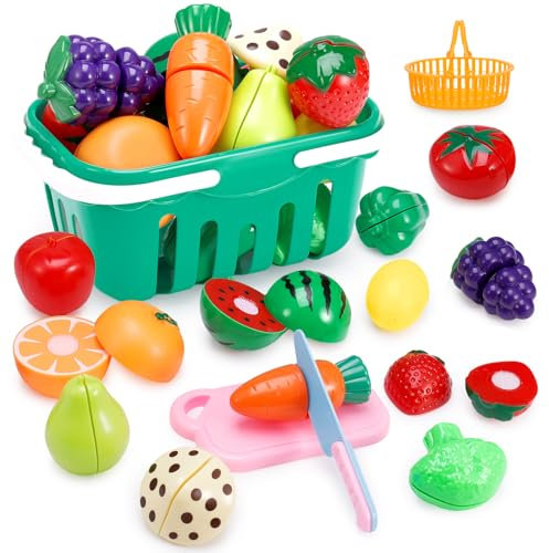 Play Food Sets for Kids,Pretend Food Cutting Toy with Shopping Storage Basket Play Kitchen Accessories Toys with Fruits Vegetables Child-Safe Toy Knife Fake Food Educational Toy for Children Age 3-12