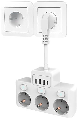 KUWUNG Steckdosenleiste mit USB, Steckdosenadapter 3 Fach mit 3 USB & 1 Type, 7 in 1 Steckdosenadapter mit Separatem Schalter, Mehrfachstecker für Steckdose für Büro Zuhause Reisen