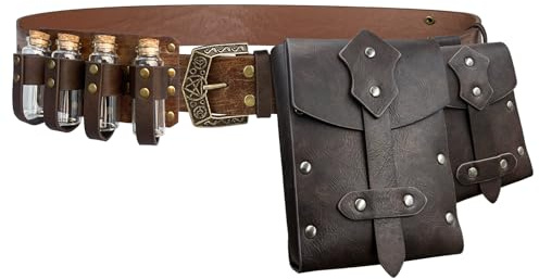 EpicCos 4 PCs Mittelalter Alchemie Gürtel Taillenbeutel Set mit Mehreren Trank Flaschen, Wikinger Niet Gürtel Seitentasche für Cosplay(Braun B)