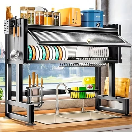 SANON Escurreplatos de 2 niveles sobre el fregadero, escurridor de platos con cubierta de gancho de metal para encimera de cocina, estante para platos que ahorra espacio