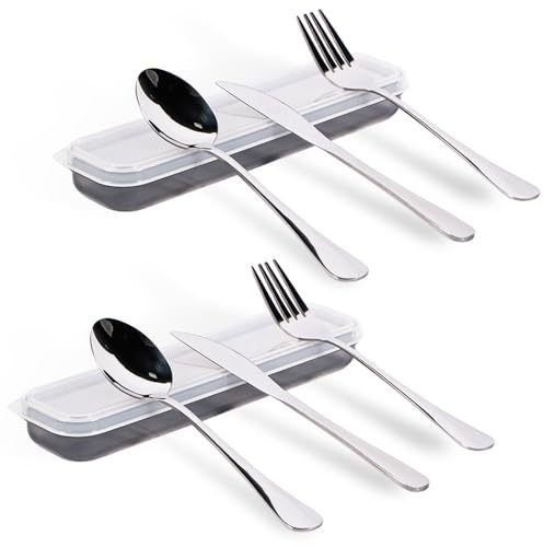 Camping Besteck Set - Camping Besteckset 2 Personen, Edelstahl Reisebesteck mit Etui, Outdoor Besteck Löffel Messer Gabel, Campingbesteck für Unterwegs Picknick Outdoor