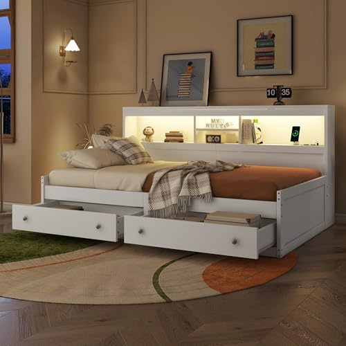 Merax Schlafsofa Tagesbett 90x200 mit Stauraum, Funktionsbett mit 2 Schubladen, USB-Ladebuchsen, Holzbett Bettrahmen mit Lattenrost (ohne Matratze), für Wohnzimmer/Schlafzimmer/Gästezimmer, Weiß