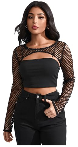 GORGLITTER Women's Fishnet Sheer Bolero Shrug Crewneck Long Sleeve Sexy Skinny Clubwear Y2k Crop Tops Black Medium