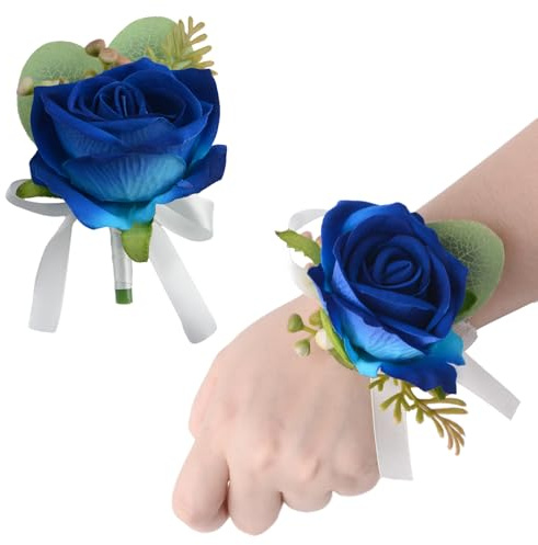 URROMA Ansteckblume für Handgelenk, 2 Stück, blaue einzelne Rose, weißes Band, künstliche Ansteckblumen, Armband, Simulationsrosen