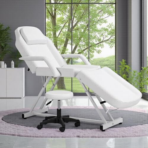 DARDVORLAG Kosmetikliege Massageliege klappbar höhenverstellbar 3 Zone mit kosmetikhocker (Weiß, 182cmX82cmX74cm)