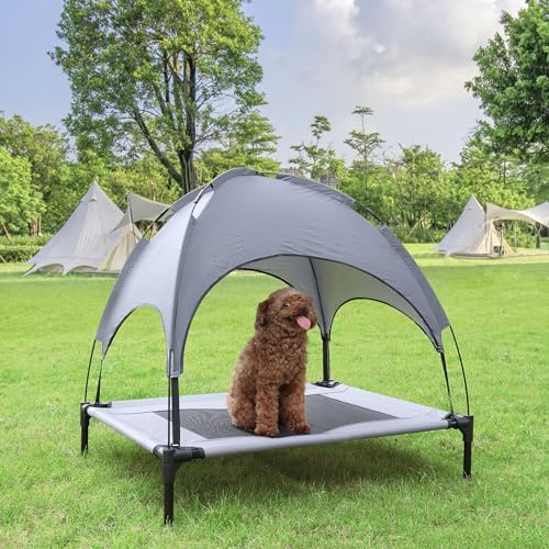 Suusolny 2-in-1 Outdoor Hundebett mit Baldachin Hundeliege & Hundesofa Wasserdichtes Hundezelt Erhöhte Haustierbett Anti-Rutsch Fußpolster für kleine & große Haustiere Maße 76x76x61 cm