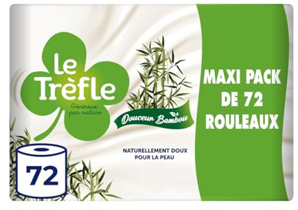Le Trèfle Douceur Bambou, 72 Rouleaux de Papier Toilette, 3 Plis | 130 Feuilles par Rouleau, Naturellement Doux pour la Peau, Rouleaux dotés de Fibres de Bambou, Blanc