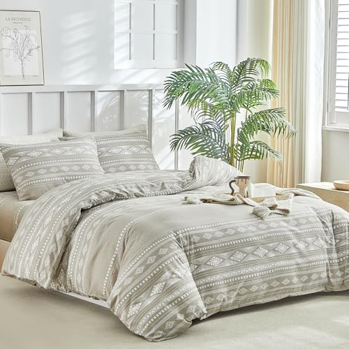 Lekesky Double Duvet Cover Set 4 Piece - Soft Microfibre Bohemian Stripe Print Khaki Double Bedding Set with 1x Duvet Cover 200x200 cm, 2x Envelope Pillowcases, 1x extra 40cm Deep Fitted Bed Sheet