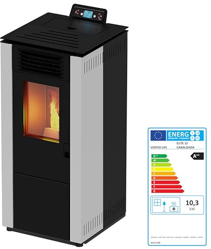 EIDER BIOMASA – Estufa de Pellets ELITE 12 Canalizada – 11,8 kW – A+ – Bajo Consumo – Tolva 18,5 kg – Ø80 mm – Calienta hasta 240 m³ – Programable – 100×56×50 cm
