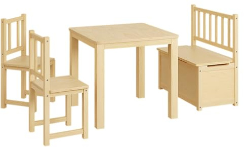 Bellabino Sora Kindersitzgruppe – Kindertisch mit 2 Stühlen und 1 Kindersitzbank aus Holz – Sitzgruppe Kinder Indoor mit Stauraum – Maltisch und Basteltisch ab 2 Jahren – Spieltisch Kinderzimmer Natur