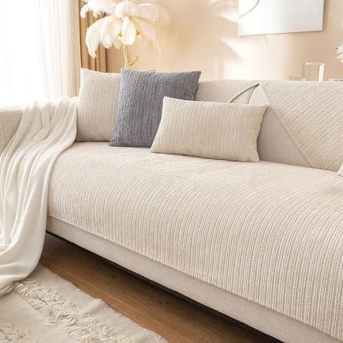 Edumov Sofa Überzug rutschfeste, Universal Sofaschoner 1 2 3 4 Sitzer, Waschbar Sofabezug Sofaüberwurf, Weiche Couchüberzug Überwurfdecken für L Form U Form Sektionssofa(Beige, 70x150cm)