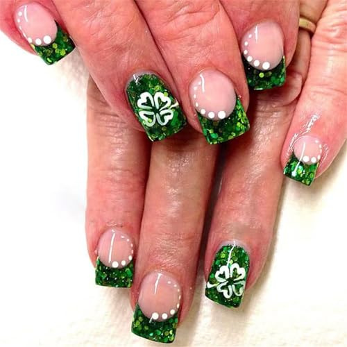 Faux ongles courts à coller en acrylique Motif trèfle vert Pour la Saint-Patrick et les fêtes