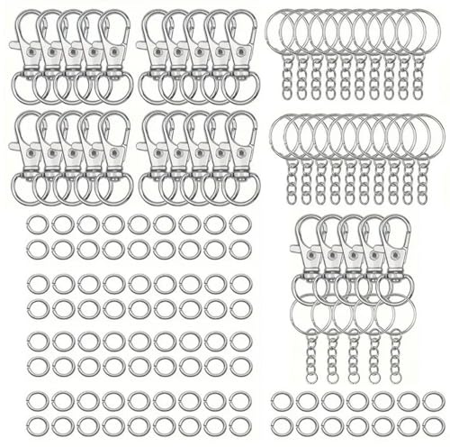 JCTEEY Juego de 200 llaveros para manualidades, anillas con cadena, 25 cierres giratorios pequeños, 25 llaveros con 150 anillas abiertas para llaves, manualidades DIY