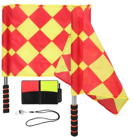 Healeved Set Arbitro Calcio con Cartellini Rossi e Gialli Bandiere a Scacchi in PVC Fischietto in Acciaio Inox e Custodia Kit Completo per Gestione Partita e Uso Professionale