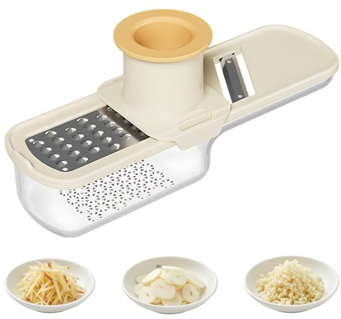 Garlic Slicer Super Thin, 3 in 1 Multifunctional Garlic Grinder with Shredder Grinder Slicer, Mini Garlics Slicers for Kitchen, Garlics with 15.5 * 4 * 5.1cm Compact Design (Beige)
