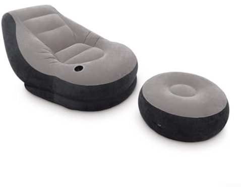 Aufblasbarer Samt Sofasessel mit Fußhocker, 99x130x76 cm, Grau, für drinnen und draußen, wasserdichter beflockter Stoff, 2-in-1-Ventil für einfaches Aufblasen