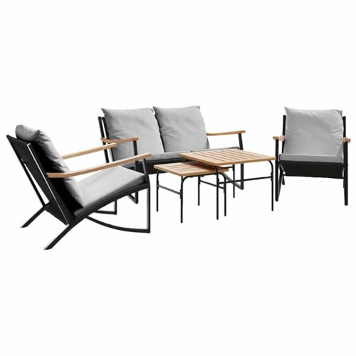 PUGYNBK 5-TLG. Balkonmöbel-Set mit Kissen Schwarz Stahl – Sitzgruppe Balkon schwarz mit Gartensessel und Tisch