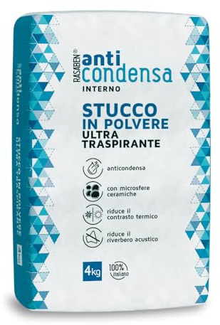 RASABEN - Stucco in Polvere Anticondensa con Microsfere Ceramiche, per Ambienti poco Ventilati, Riduce il Riverbero e il Contrasto Termico, Ultra Traspirante, Uso Interno, Made in Italy, Sacco da 4kg