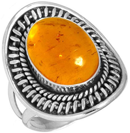 Jeweloporium Bague en argent et ambre orange, taille 59, en argent sterling 925 pour femme, bijou bohème ovale en pierres précieuses