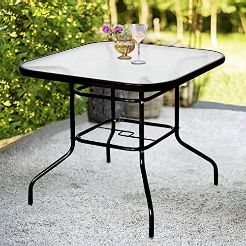 DIMAR GARDEN Tavolino da salotto da esterno con foro per ombrellone, 81,3 cm, tavolino quadrato da bistrot con piano in vetro, nero