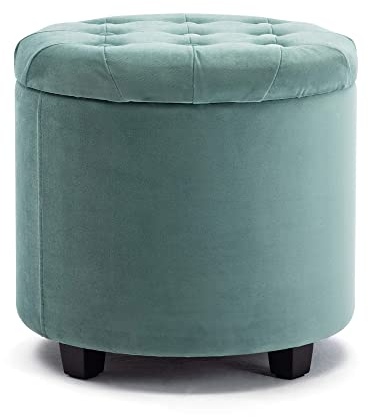 HNNHOME Sitzhocker mit Stauraum, Sitzwürfel mit Deckel, Sitztruhe, Fußbank Truhen Aufbewahrungsbox, Wolken Samt, 45 cm runder Massivholz, 45 L, 45 x 45 x 43 cm (Hellgrün, Samt)