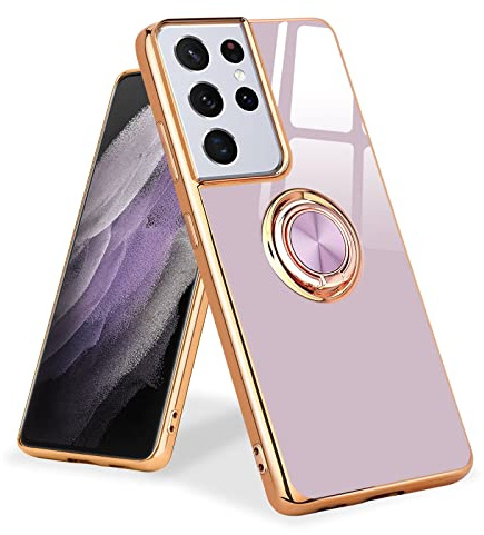 Urarssa Magnetic for Samsung Galaxy S21 Ultra Case with Ring Holder, Purple | 360 Degree with Rotation Magnet Car Mount Holder Slim Soft Silicone TPU Bumper Electroplated Edge Shockproof Phone Cover