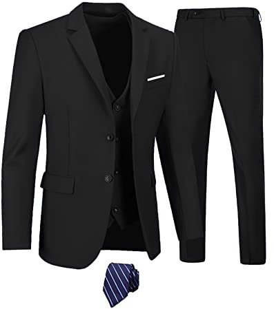 Furuyal Herren-Anzüge, 3-teilig, schmale Passform, Anzug-Set, Zwei Knöpfe, Hochzeit, Business, Smoking, solide Blazer, Jacke, Weste, Hose mit Krawatte, Schwarz, M