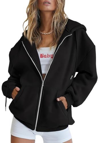 EFAN Women Zip Up Hoodies Oversized Sweatshirt Jacket 2024 Fall Fleece Cute Pullover Hooded Tops Teen Girls Casual Loose Fit Y2k Trendy Fashion Gym Clothes Outfits Black M