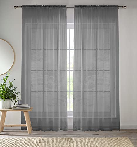 Enhanced Living Grey Voile Curtains for Living Room Panel Pair - 57 Wide x 90 Drop - Plain Woven Slot Top Sheer Curtains (57x90) 145x229cm