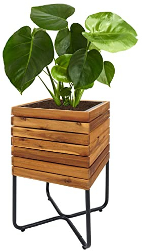 Mendler Pflanzkasten HWC-L25, Pflanzkübel Blumenkasten, quadratisch 60x33x33cm Outdoor Stahl Akazie Holz FSC®-Zertifiziert, braun