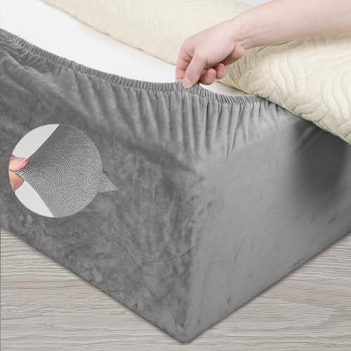 DUJUIKE Divan Bed Base Wrap Cover, Velvet Bed Frame Cover, Elastic Around The Base Of Your Bed, Easy to Install, Alternative to Traditional Valance Sheet Skirt Cover (Double: 150-160cm, Light Grey)